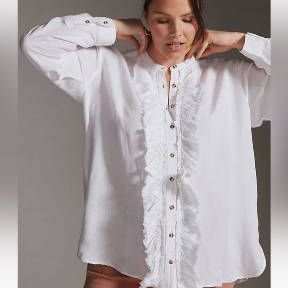 Anthropologie Pilcro Ruffled Placket Shirt in White - Picture 2 of 12
